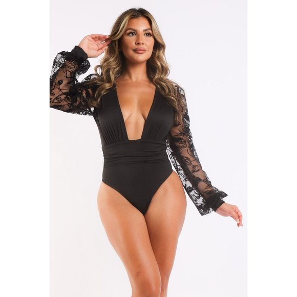 Women's Lace Sleeve Bodysuit Sexy Long Sleeve Swimwear Deep V Neck Jumpsuits - Picture 2 of 12